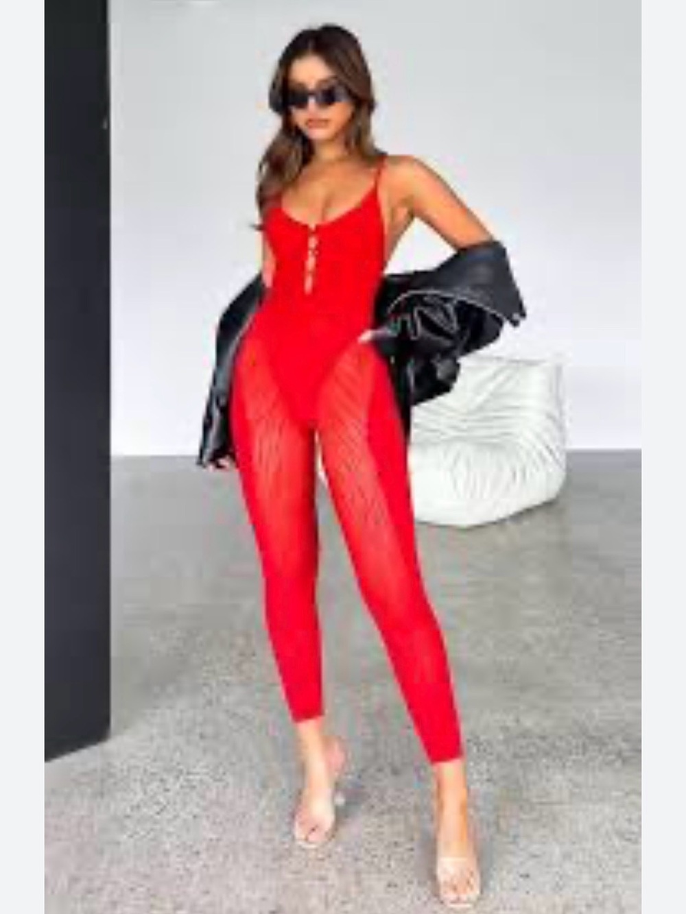 White Fox Boutique Red Sheer Mesh Jumpsuit